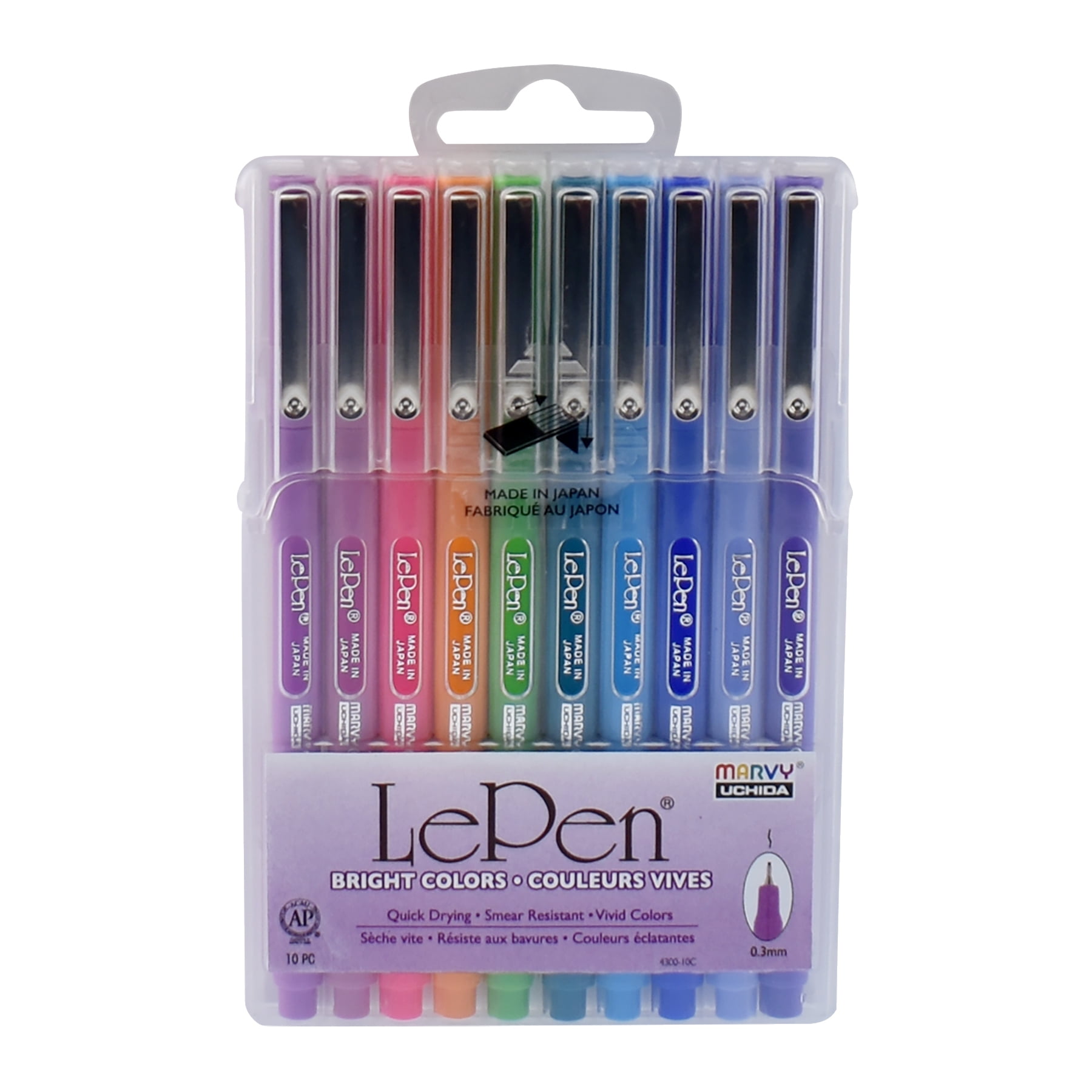 Marvy, Uchida, Le Pen, Felt Tip Pens, Bright Color, Medium Point, 0.3 mm, 10 Count