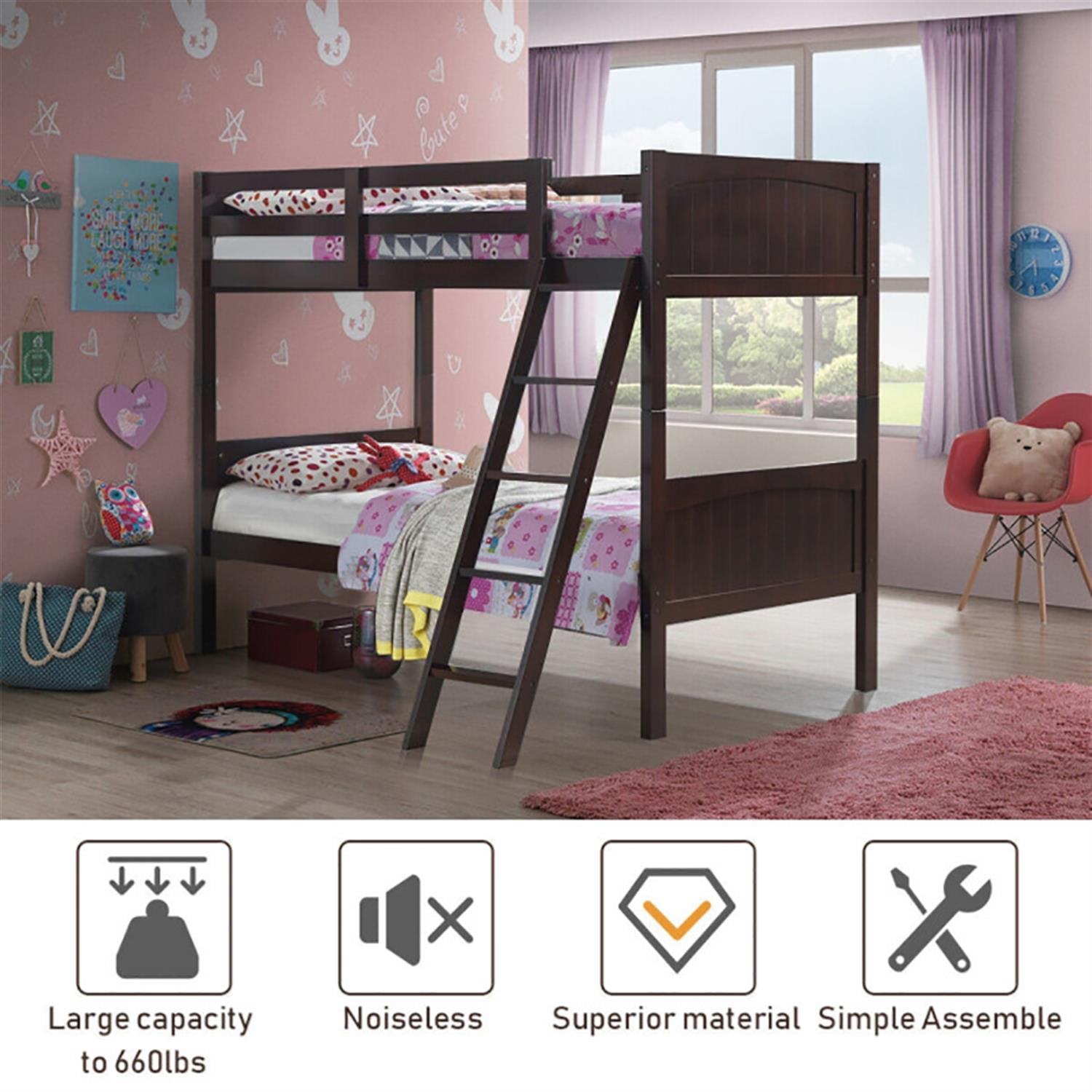 Demi Bonn Solid Wood Twin Over Twin Bunk Bed with Ladder, Twin Bunk Beds, Converts to 2 Individual Twin Beds, Brown