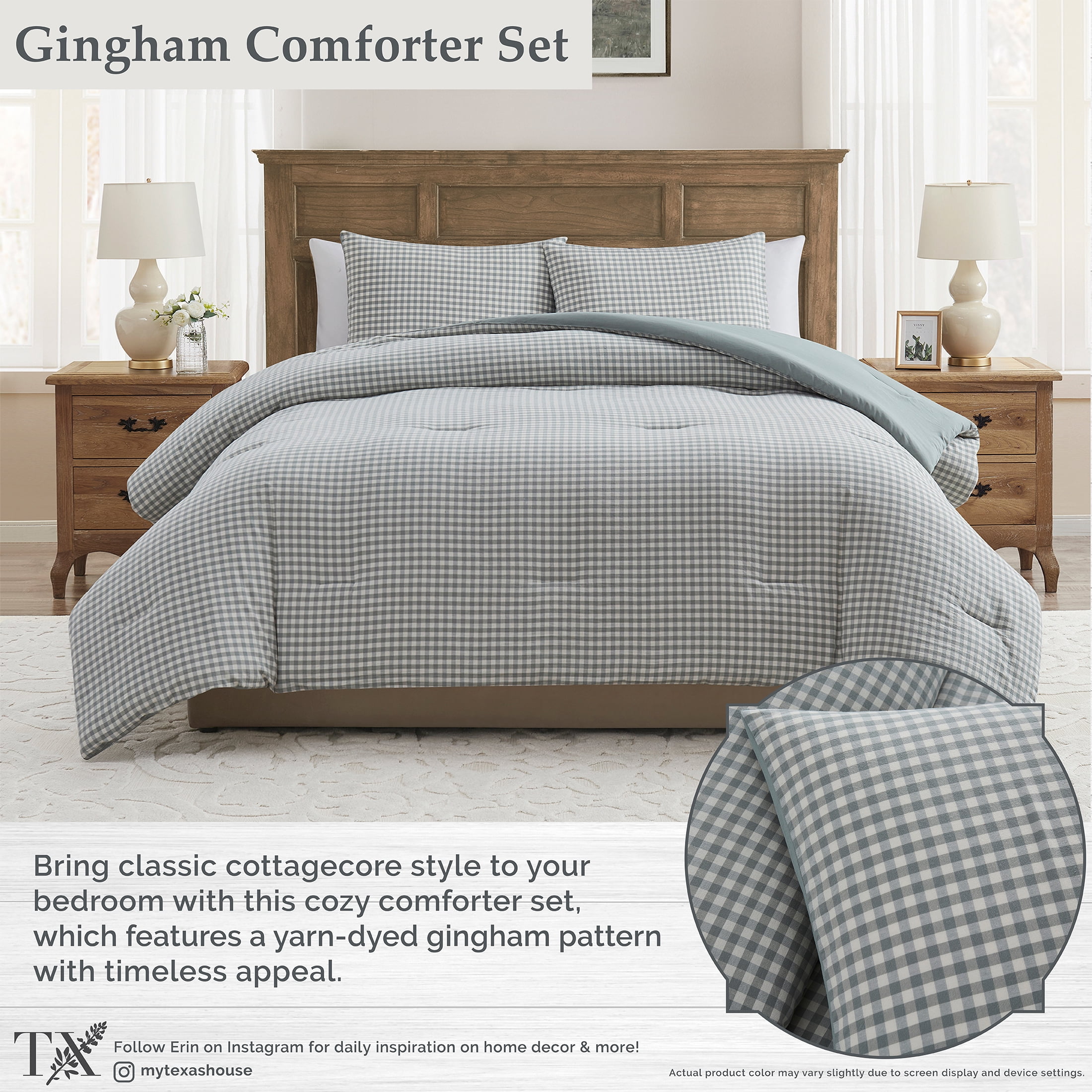 My Texas House Collins 2-Piece Green Gingham Cotton Comforter Set, Twin/Twin XL