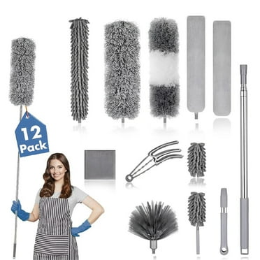 12Pcs Microfiber Duster Kit, Dusters for Cleaning with Detachable Extension Pole (16"-83") Washable Bendable Duster Cleaning Kit for High Ceiling, Furniture, Fan, Cobweb, Blinds