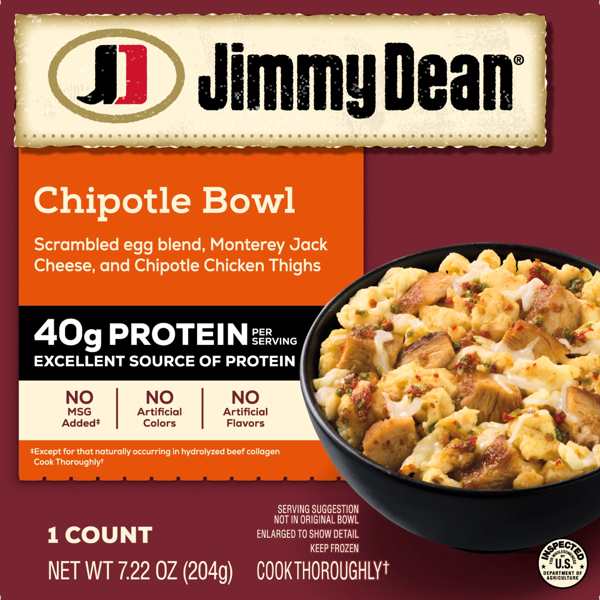 Jimmy Dean Protein Breakfast Bowl, Chipotle Chicken, Scrambled Egg & Monterey Jack, Frozen, 7.22 oz