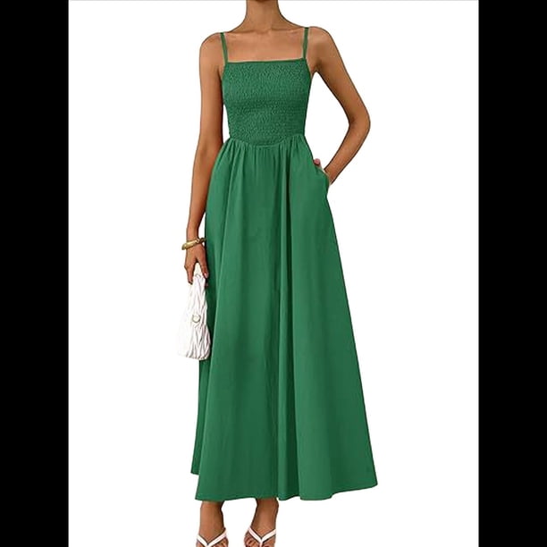 Vestidos Largos de Verano para Mujer, Vestido Informal con Tirantes Finos, Fruncido, Corte A, y Fluido. Verde Oscuro M