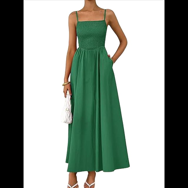 Vestidos Largos de Verano para Mujer, Vestido Informal con Tirantes Finos, Fruncido, Corte A, y Fluido. Verde Oscuro XL