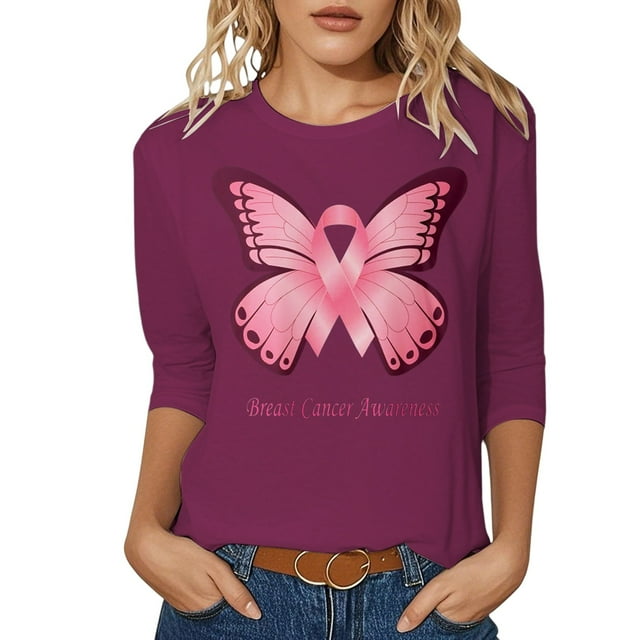 Fgnfyis T-Shirts pour Femmes Sensibilisation au Cancer Hauts Décontractés Col Rond Manches Trois Quarts Design Imprimé pour Quotidien Printemps Été Automne Célébrations Hauts pour Femmes Rose Vif TTG
