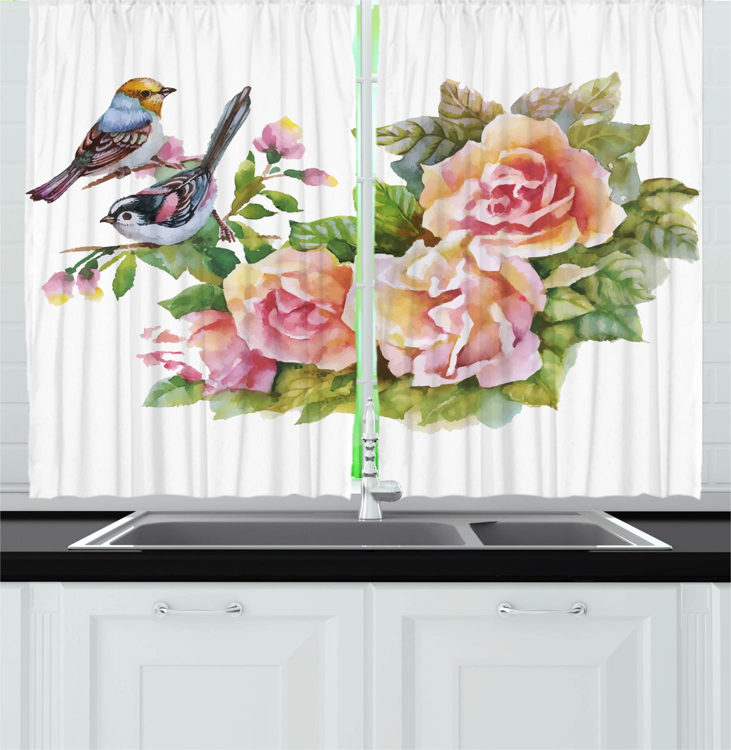 Watercolor Curtains 2 Panels Set, Wild Exotic Birds Roses Spring Season Flowers Leaves Buds Painting Artwork Image, Window Drapes for Living Room Bedroom, 55W X 39L Inches, Multicolor, by Ambesonne