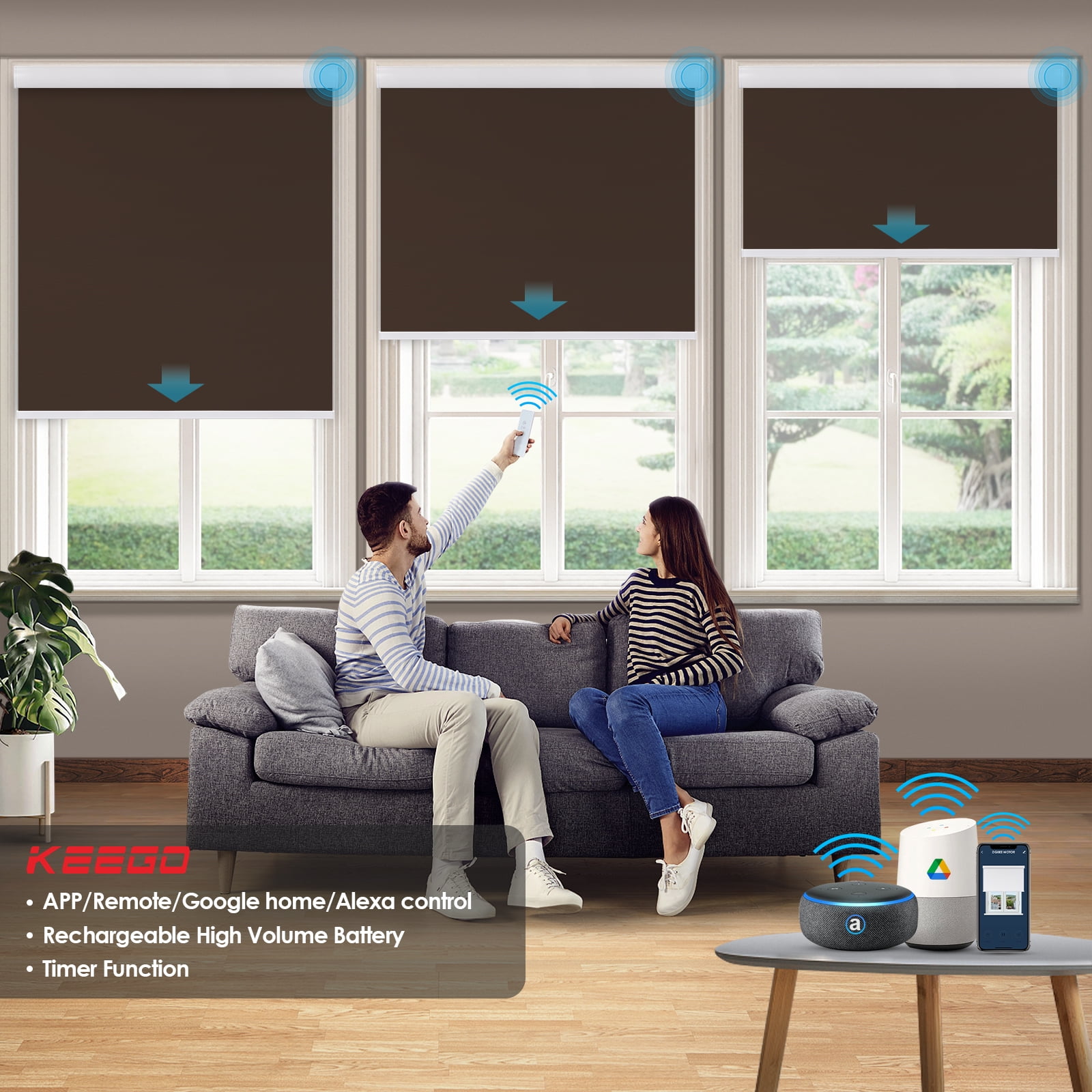 Keego Motorized Shade Remote Control App Control Voice Control Silent Rechargeable Blackout Roller Blinds Auto Window Blinds Saddle Brown 53.0 w x 86 h