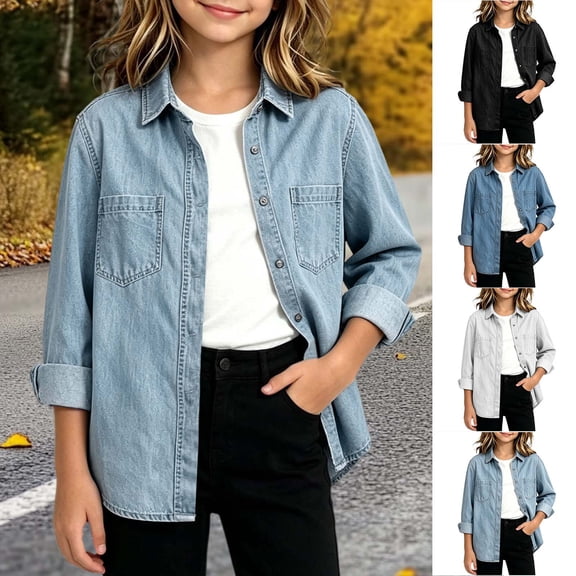 YUANxueke Girls Long Sleeve Denim Jackets Button Down Collared Jean Shirts with Chest Pockets,Black,5-6 Years