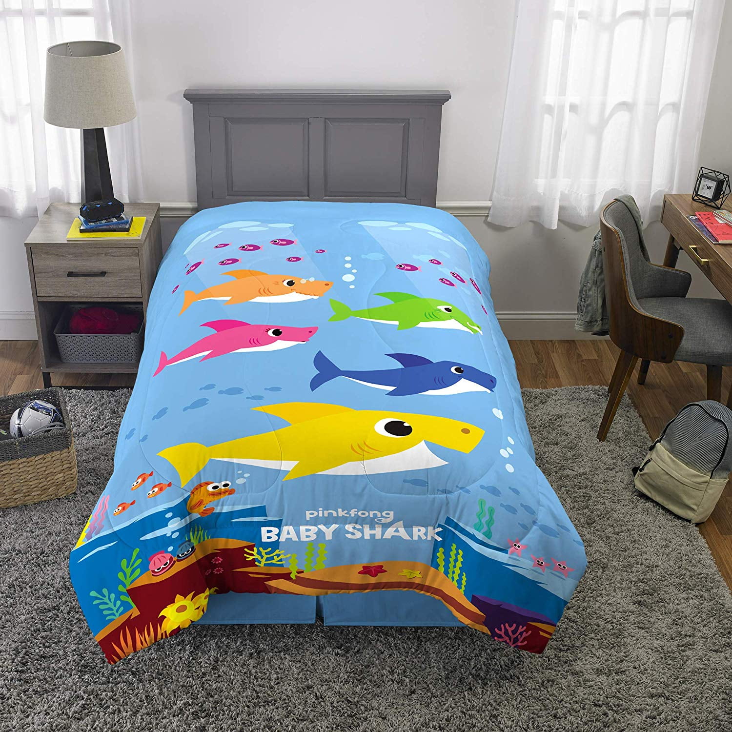 Baby Shark Reversible Comforter with 3 Twin Piece Sheet Set, Throw and