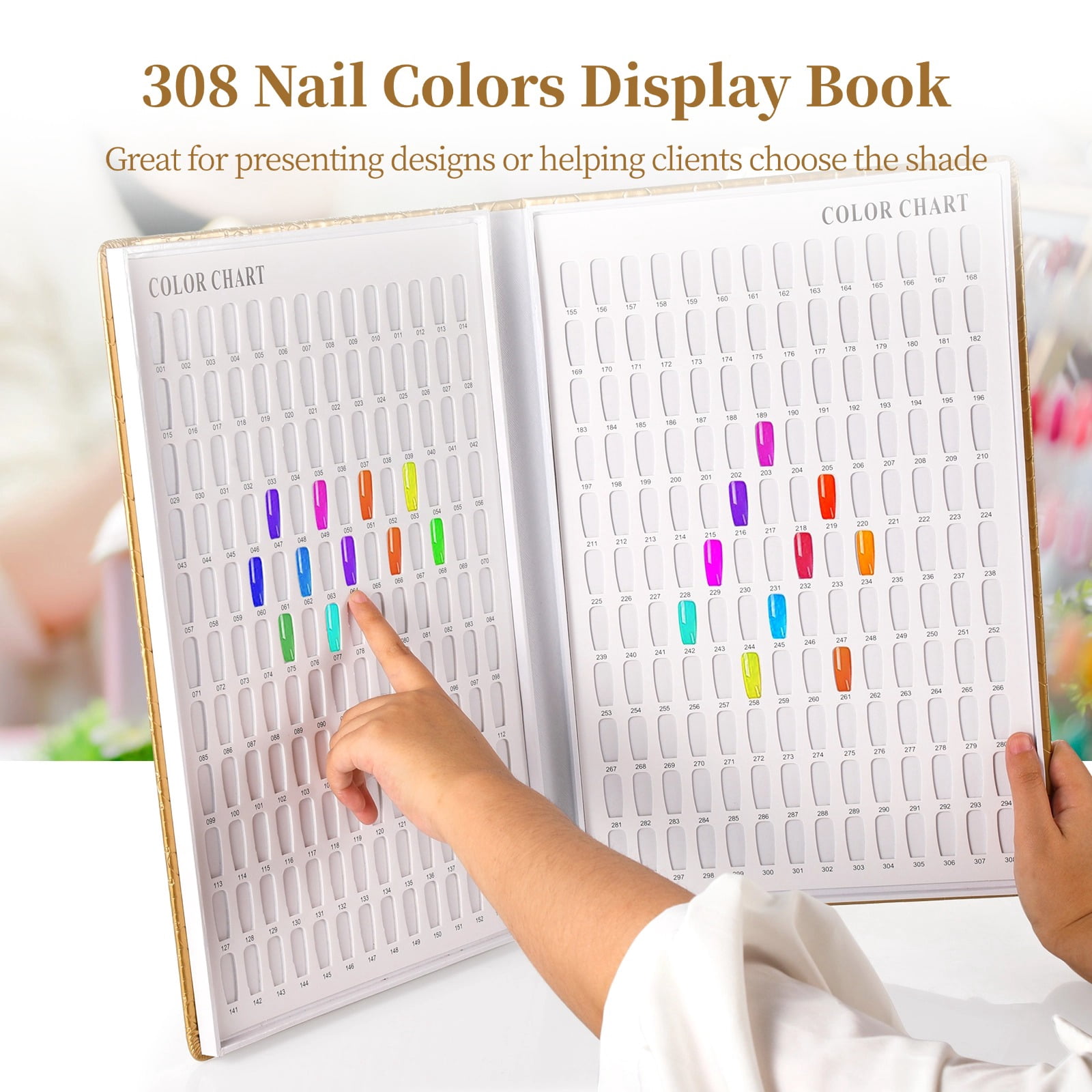 308 Nail Colors Display Book, Nail Gel Polish Organizer Book, DIY Nail Color Chart with 360 False Nail Tips & 1-400 Numbered Stickers