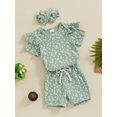 thumbnail image 2 of Bslissey Baby Girls Cute Shorts Sets Floral Print Short Sleeve Romper Tops + Drawstring Shorts + Bow Headband 3Pcs Outfits Infant Casual Daily Summer Clothes 0-18M, 2 of 9
