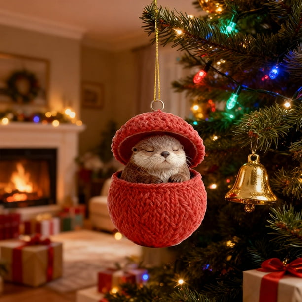 Adornos navideños, regalos navideños, bolas de punto navideñas, adornos acrílicos, lindos amigos del bosque con patrones Fair-Isle, linda serie de colgantes con animales