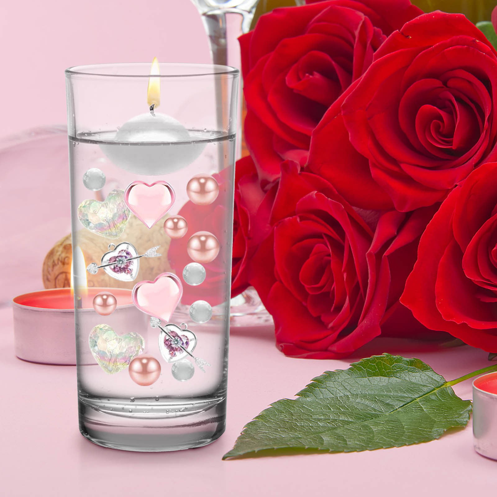 91pcs Valentine's Day Vase Filler, Red White Imitation Pearl Red Rose Heart  Vase Filler, Central Decoration Of Party Dining Table Decor Festival Gif