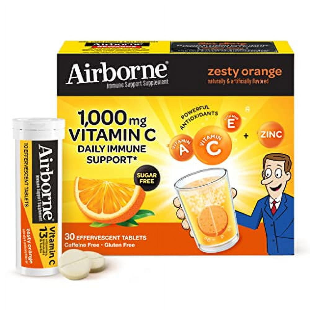 Airborne 1000mg Vitamin C with Zinc Effervescent Tablets, Immune Support Supplement with Powerful Antioxidants Vitamins A C & E - 30 Fizzy Drink Tablets, Zesty Orange Flavor