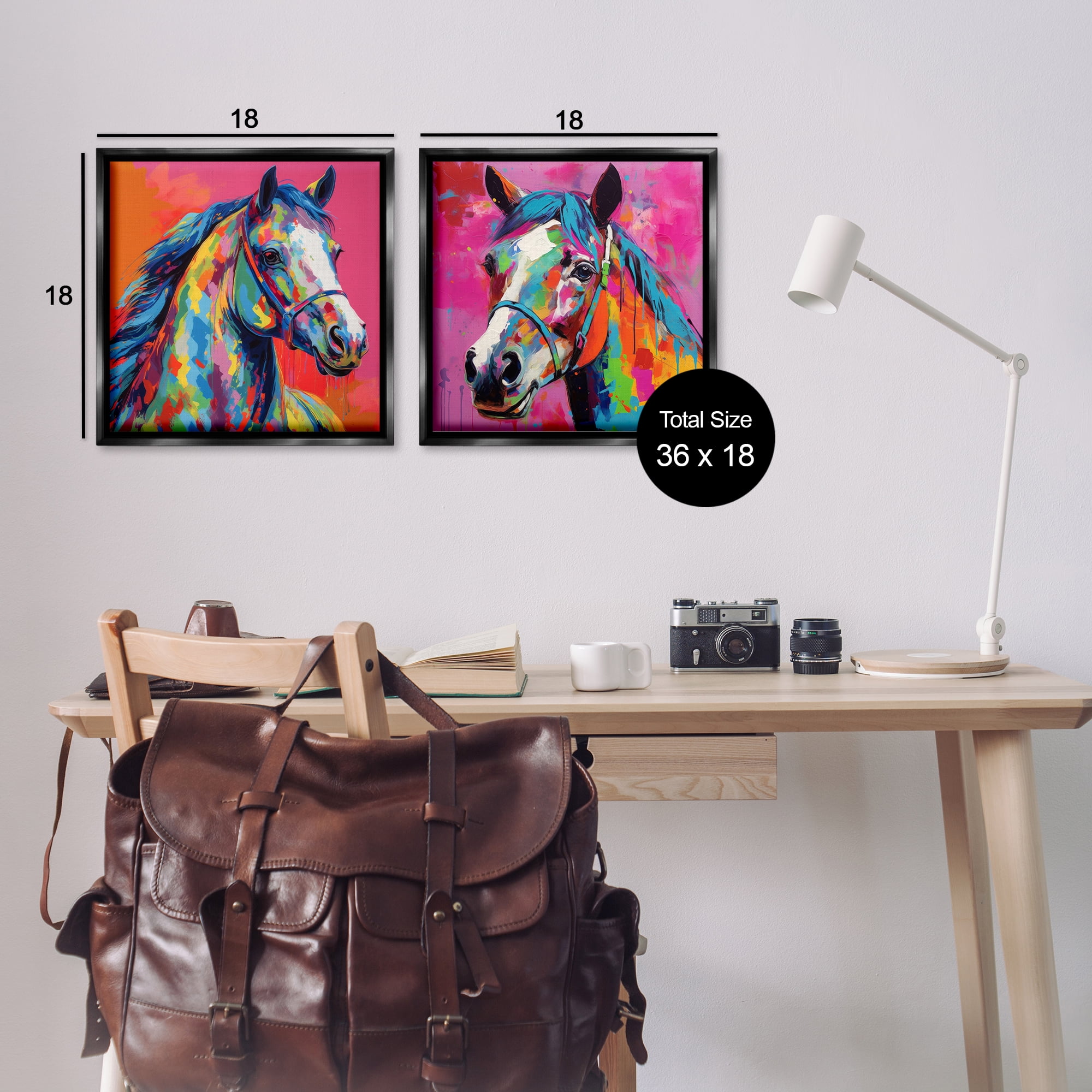 Stupell Industries Bright Neon Horse Portrait Animals Painting Black Floater Framed Canvas Art Print Wall Art, 18 x 18, Set of 2