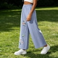 thumbnail image 6 of Tbopshirt Pants for Women Elastic Waist Floral Embroidery Wide Leg Capri Pants Side Pockets Textured Casual Trousers,Light Blue,M-4XL, 6 of 6