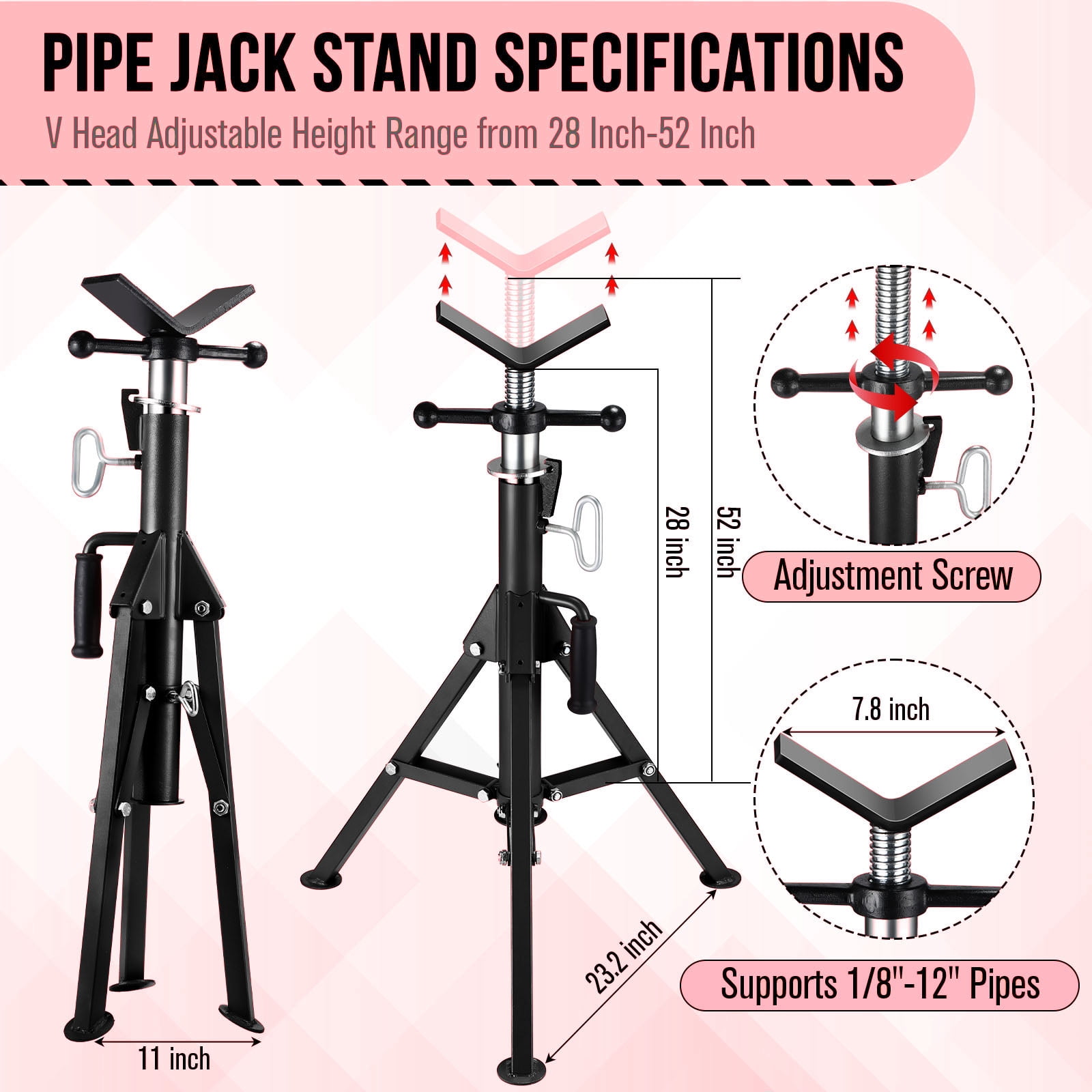 V Head Pipe Jack Stand, Heavy Duty Pipe Stand, 2500LB Jack Stands With Portable Folding Legs 28-52 Inch Height Adjustable 1/8"-12" Capacity,Yellow,Maual Included