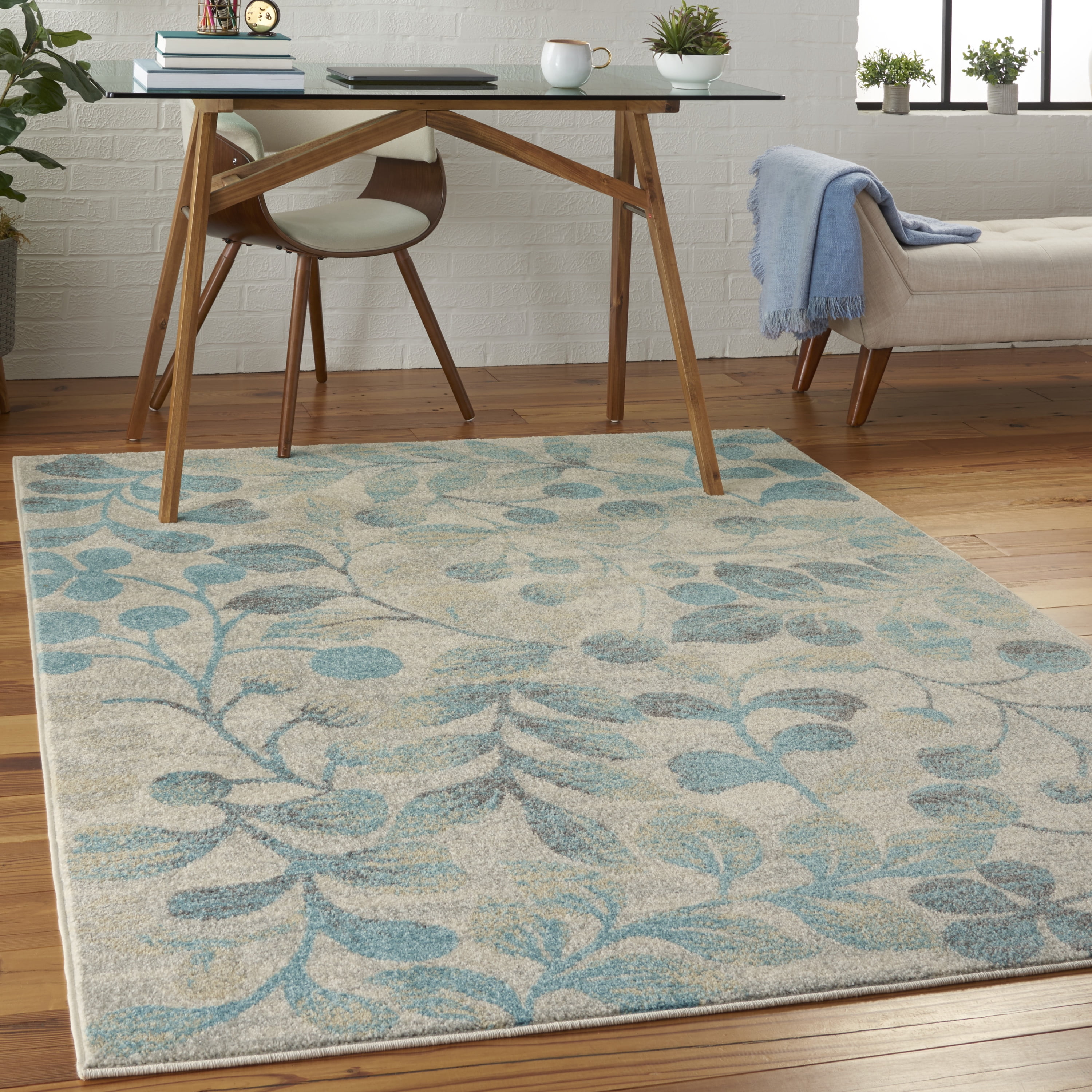 Serene Contemporary Botanical Ivory/Turquoise 5'3" x 7'3" Area Rug, (5' x 7')