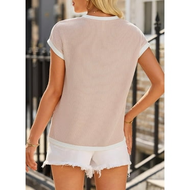 Short Sleeve T Shirts Crewneck Color Block Ribbed Knit Tee Blouses 2025 Trendy Summer Tops