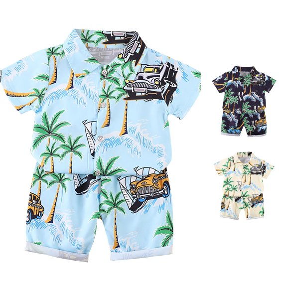 Toddler Boys Summer Outfits Tropical Print Short Sleeve Button Down Shirt and Swim Shorts Casual Beach Sets Size 18-24 Months ,Blue