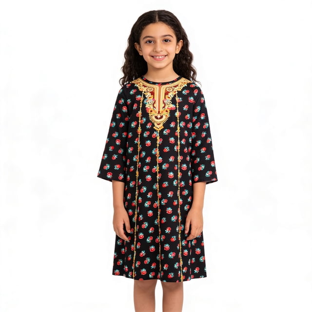Quotay Robe pour Filles Élégante à Imprimé Floral à Manches Longues à Col Rond Style Abaya Kaftan Longue Robe Noire,140