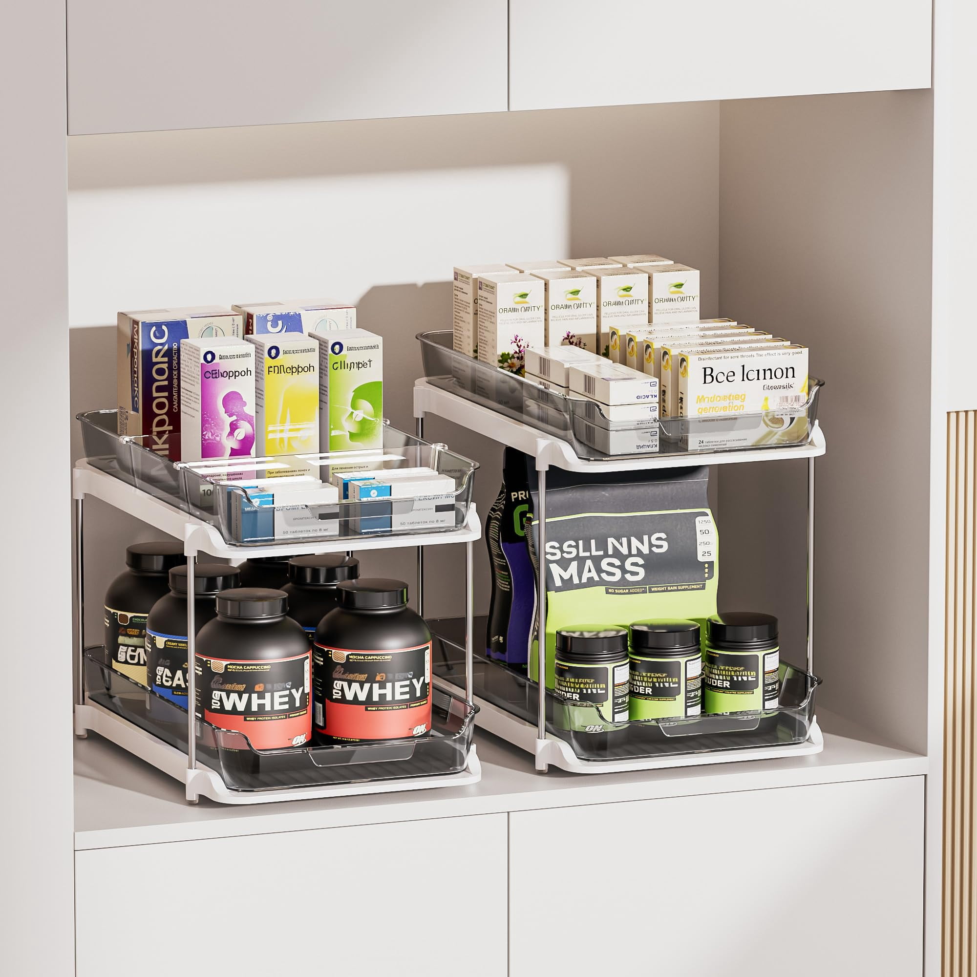 2-tier Multi-purpose Bathroom Under Sink Organizers And Storage  Stackable Kitchen Pantry Organization Pull Out Cabinet Organizer With Movable Dividers Grey 2 Pack