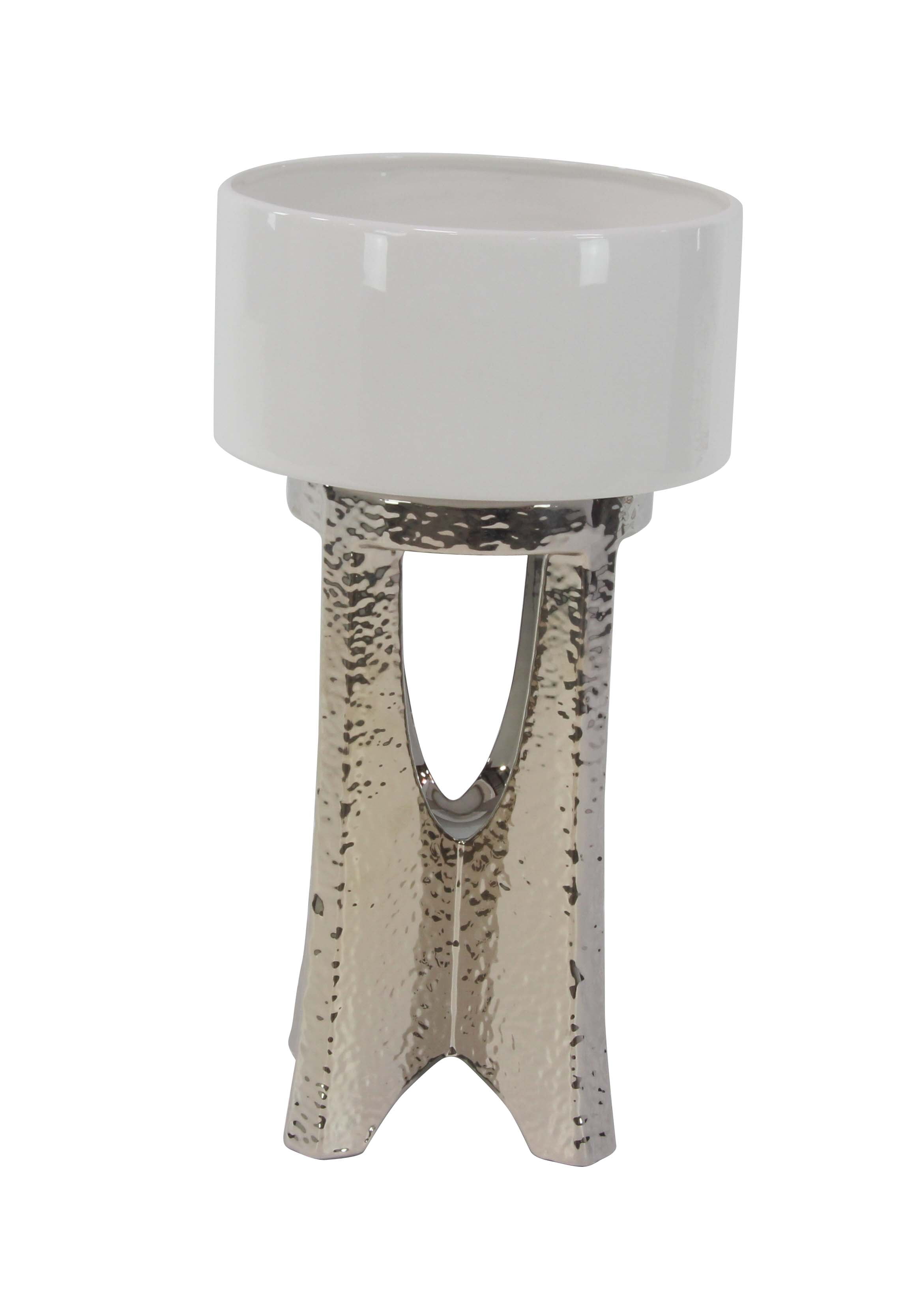 Decmode 23 Inch Modern White Ceramic Round Vase With Silver Base, White