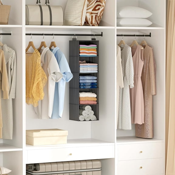 FJSHN-5 Tier Hanging Closet Organizer and Storage for Shelves, Foldable Clothes Shelf with 2 Sturdy Hooks, Sweater/Coat/Shoes Clothing Organization for Wardrobe, Dorm, Bedroom, Gray