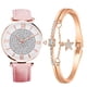thumbnail image 1 of Xihbxyly dia del primer ministro Conjunto de reloj de cuarzo con pulsera de estrella y esfera de diamantes con anillo interior y correa para mujer, 1 of 4