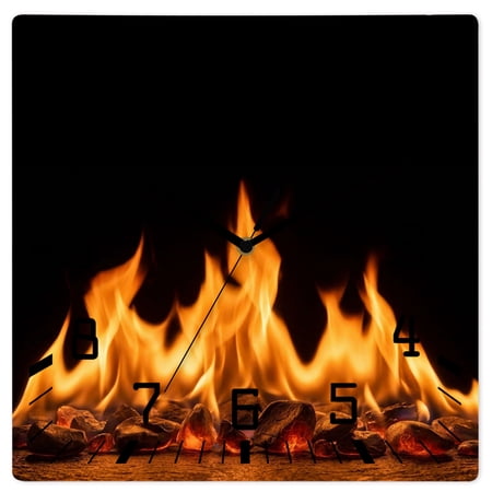 Wall Clock Orange Flames Operated Square Clocks Wooden Silent Non Ticking Wallclock 12 Inch Burning