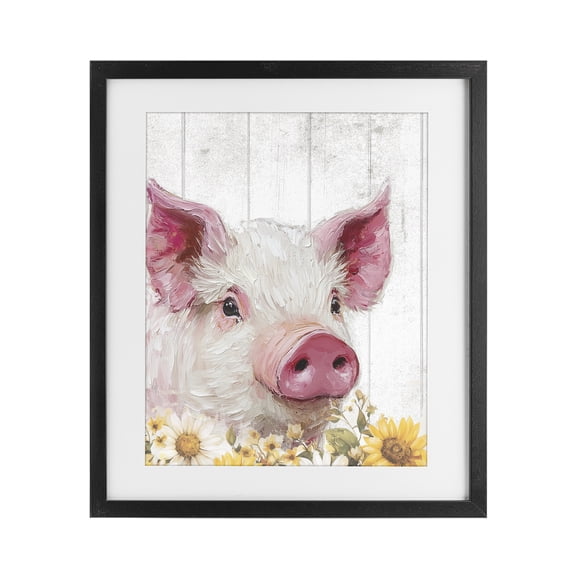 Stupell Industries Rustic Lodge Pig and Sunflowers Black Framed Print Under Glass, 13 x 16, by Christine Simpson Art
