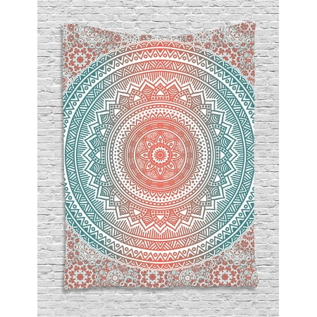 Coral Wall Hanging Teal and Coral Tapestry, Ombre Mandala Art Antique Gypsy Stylized Folk Pattern Mystical Cosmos Image, Wall Hanging for Bedroom Living Room Dorm Decor, Teal Coral, by Ambesonne ()