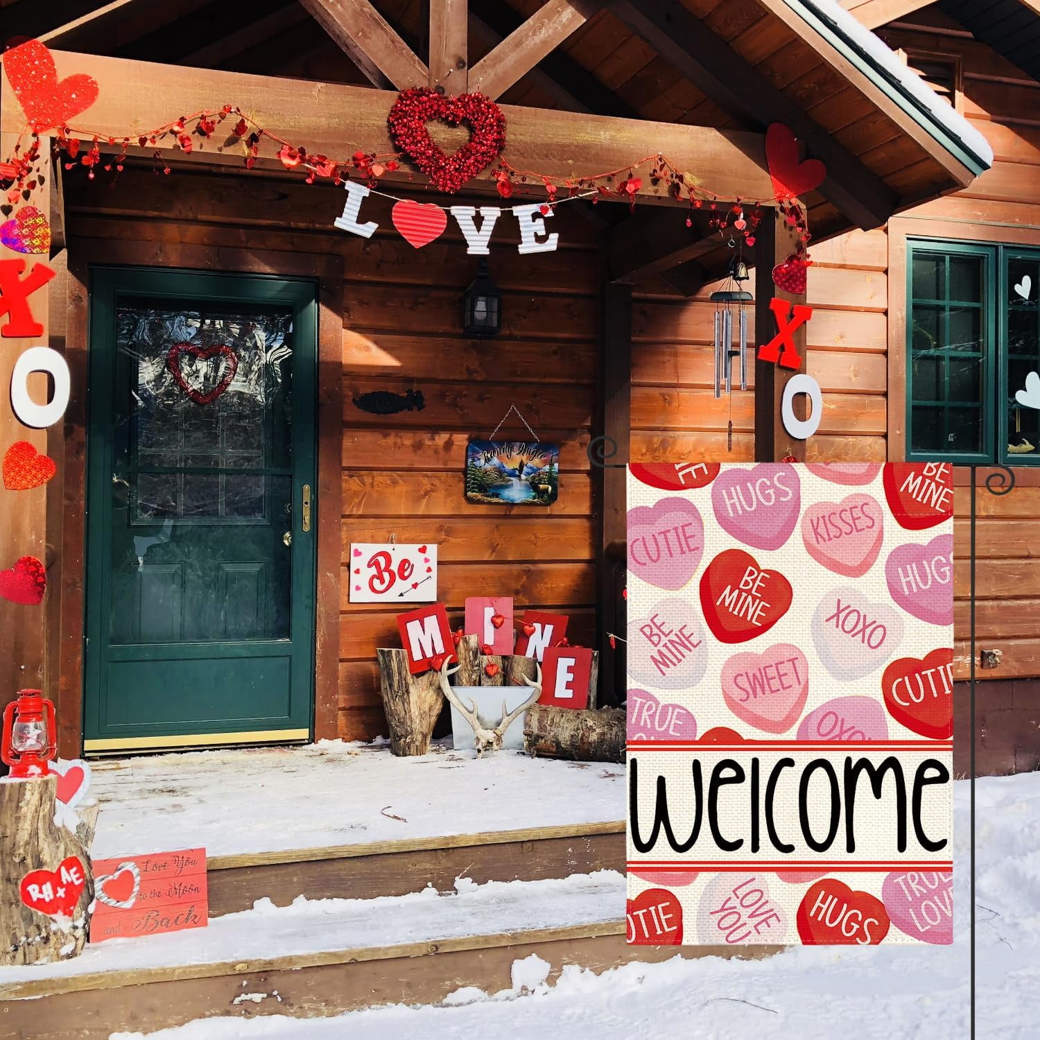 Lanola Valentines Day House Flag 28x40 Inch Double Sided Outside, Welcome Candy Love Hearts Anniversary Yard Outdoor Flag