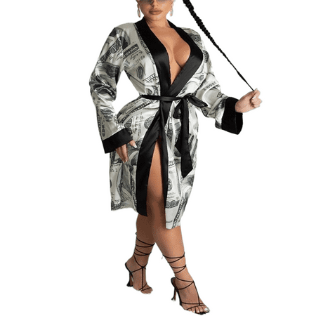 

New Style Print Bandage Robe for Women Long Sleeve Money Pattern Pajamas Homewear Sleepwear Autumn