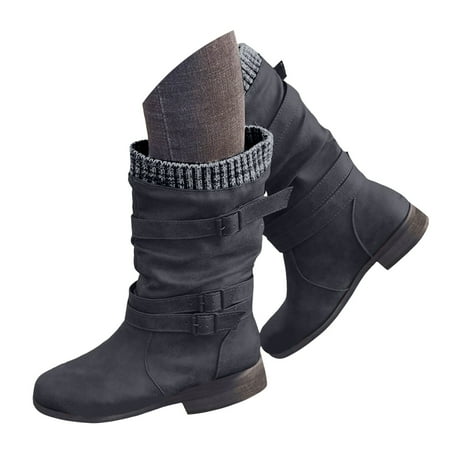 GHSOHS Cowboy Boots for Women Ankle Booties Boots for Women Black Boots Knee High Boots Leather Round Toe Low Heeled Strap Western Middle Tube Boots Rain Boots Dress Shoes Wide Calf Boots Size 35