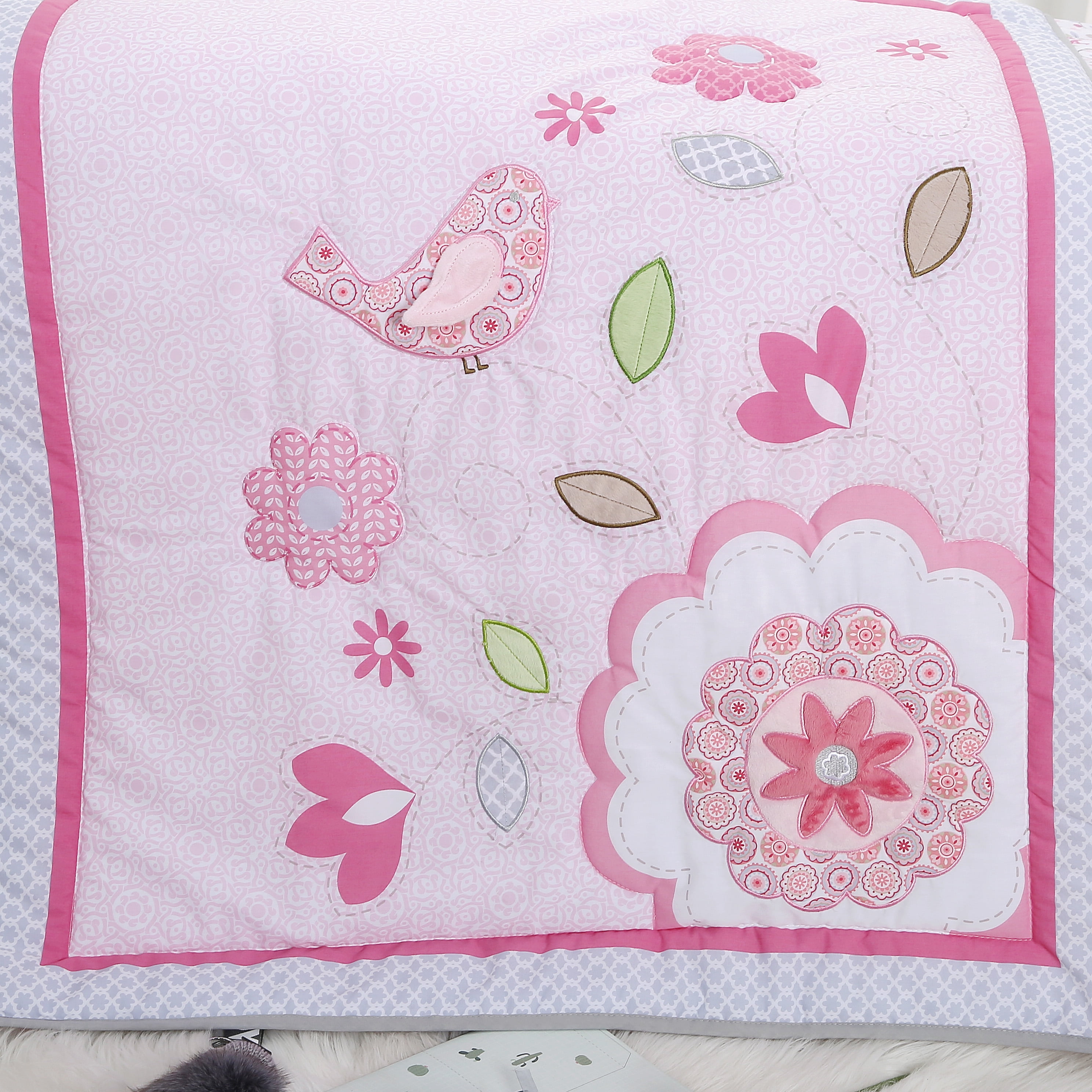 Sweet Baba Soft Cotton 3PC Crib Bedding Set, Pink Bird Crib Set for Baby Girls