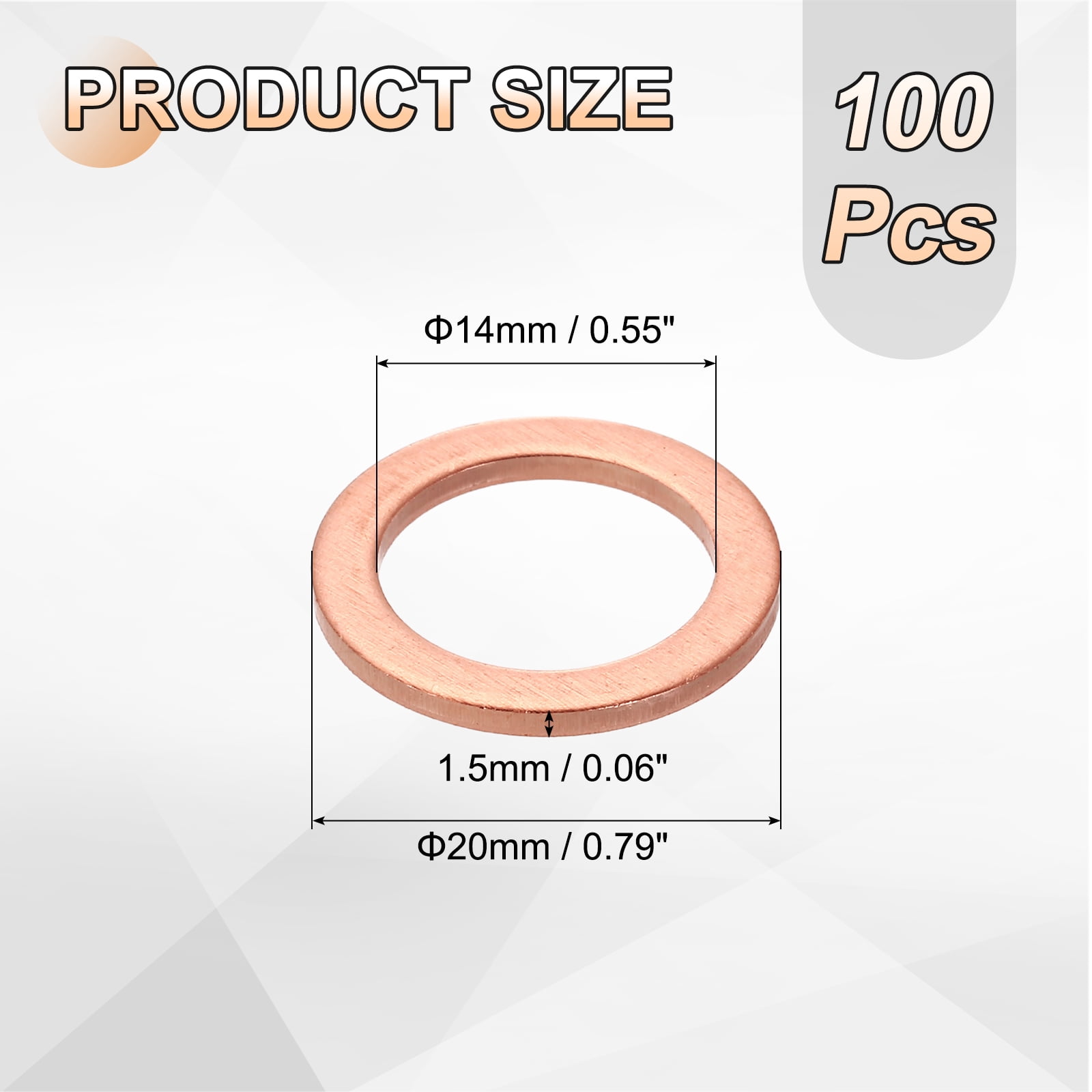100 Pack M14 Flat Washer Copper Washer Sealing Rings, 14mm ID 20mm OD 1.5mm Thick
