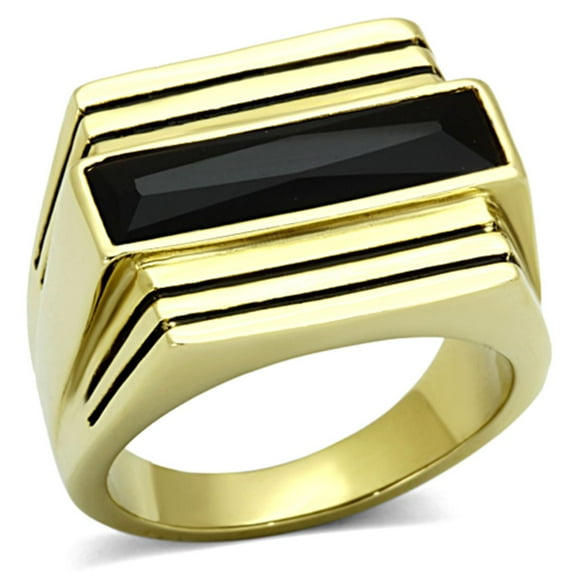 Luxe Jewelry Designs Gold Ion Plated Men's Ring with Black Jet Synthetic Glass Stone - Size 10