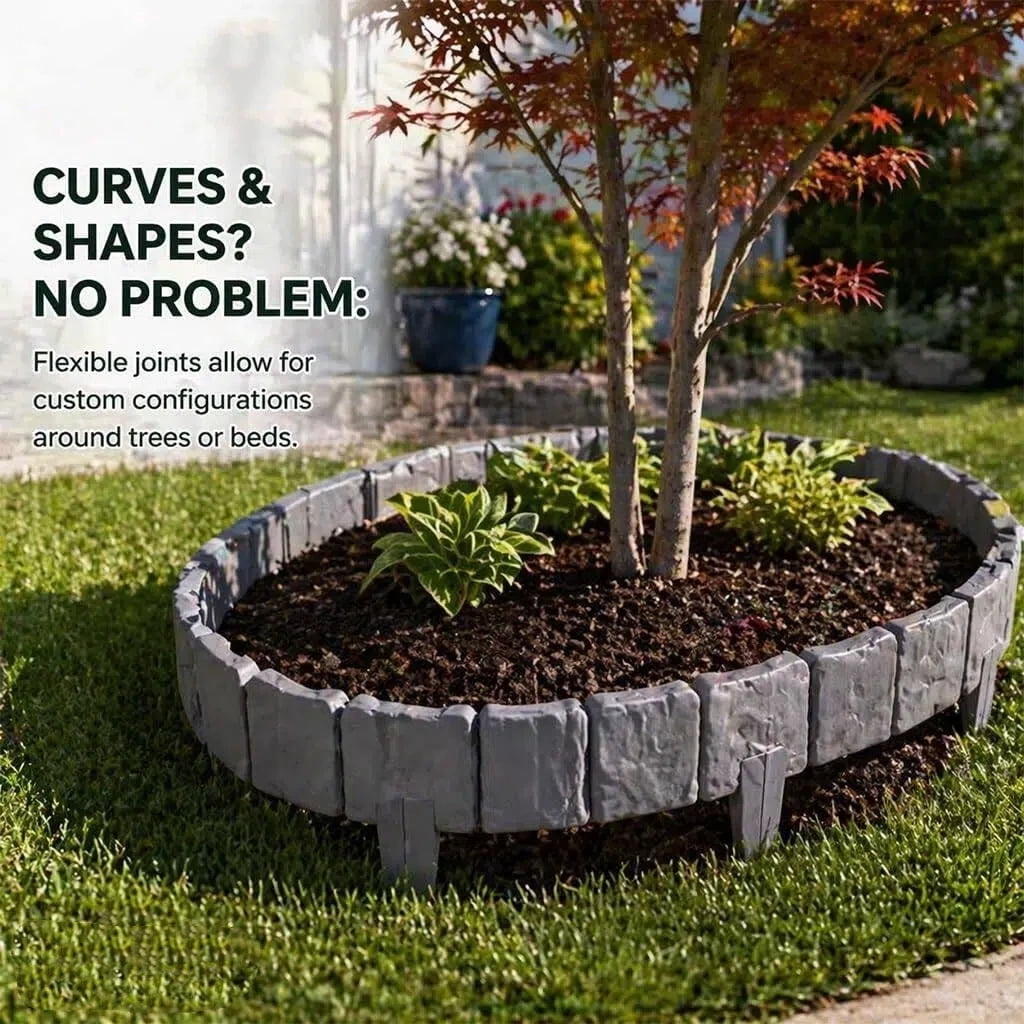 Imitation Stone Garden Fence, Plastic Retaining Edging Border, Cobbled Effect Landscape Decor Interlocking Decorative Panels Flower Bed Path Lawn Outdoor Picket Yard Grass Edge (Red, 12PCS)