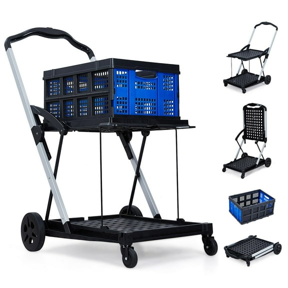 Huisuilinss Collapsible Shopping Cart,Foldable Grocery Cart,2-Tier Utility Cart With Wheels And Removable Storage Crate,Platform Hand Truck For Home Groceries Supermarket