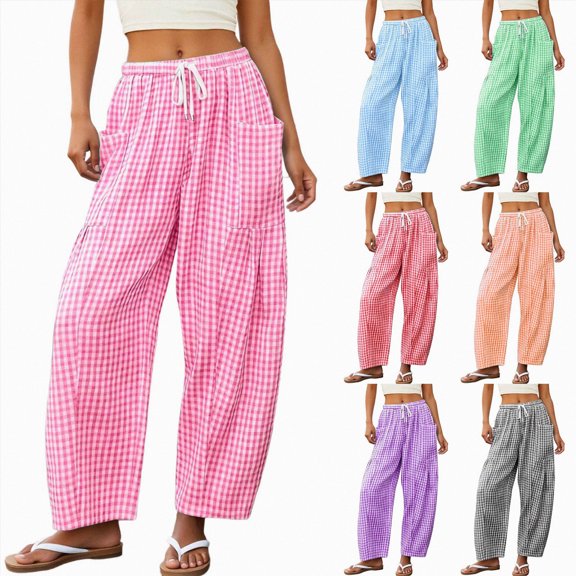UOCUFY Womens Wide Leg Pajamas Pants Fall Gingham Casual Lounge Sweatpants | Fall Outfits 2026,Wide Leg Elastic Waist Pants with Pockets Pink,Size S