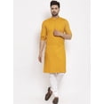 thumbnail image 1 of eloria Men's Traditional Mustard Yellow Solid Cotton Blend Long Kurta Pyjama set, 1 of 7