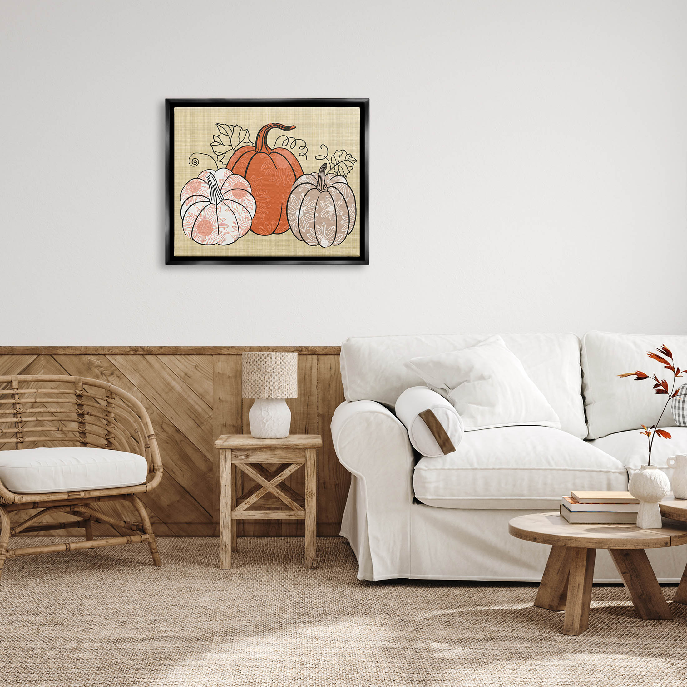Autumnal Pumpkins Sunflower Pattern Holiday Graphic Art Jet Black Framed Art Print Wall Art