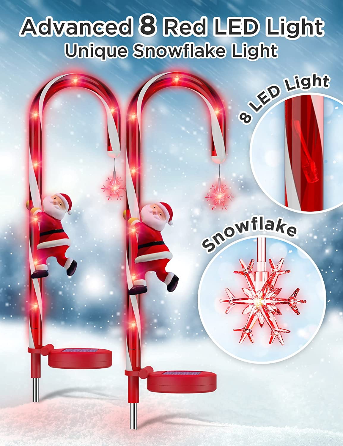 2 Packs Solar Christmas Decorations Candy Cane Lights Xmas Pathway Markers Outdoor Decor Stake Snowflow