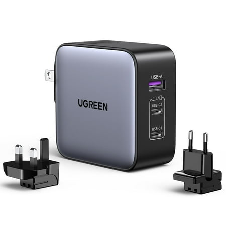 UGREEN 65W USB C Charger, Travel Power Adapter with 3 Switchable Plugs (US/UK/EU), Nexode GaN 3 Ports Fast Wall Charger for MacBook Pro/Air, Dell XPS,iPhone 14 Pro Max, iPad, Galaxy S23 S22