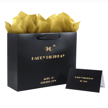 90th Birthday Gift Bag Black Gold 90th Birthday Bag with Tissue Paper and Greeting Card for Birthday Party Happy 90th Bithday Gift Bags for Men Women 12.6 Medium 90th Gift Bags (90th) C3