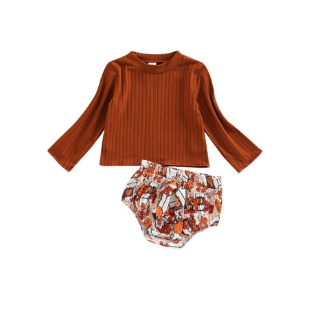 

Infant Baby Girls Boys Halloween Suit Solid Long Sleeve Ribbed Tops Pumpkin Printed Shorts Clothes