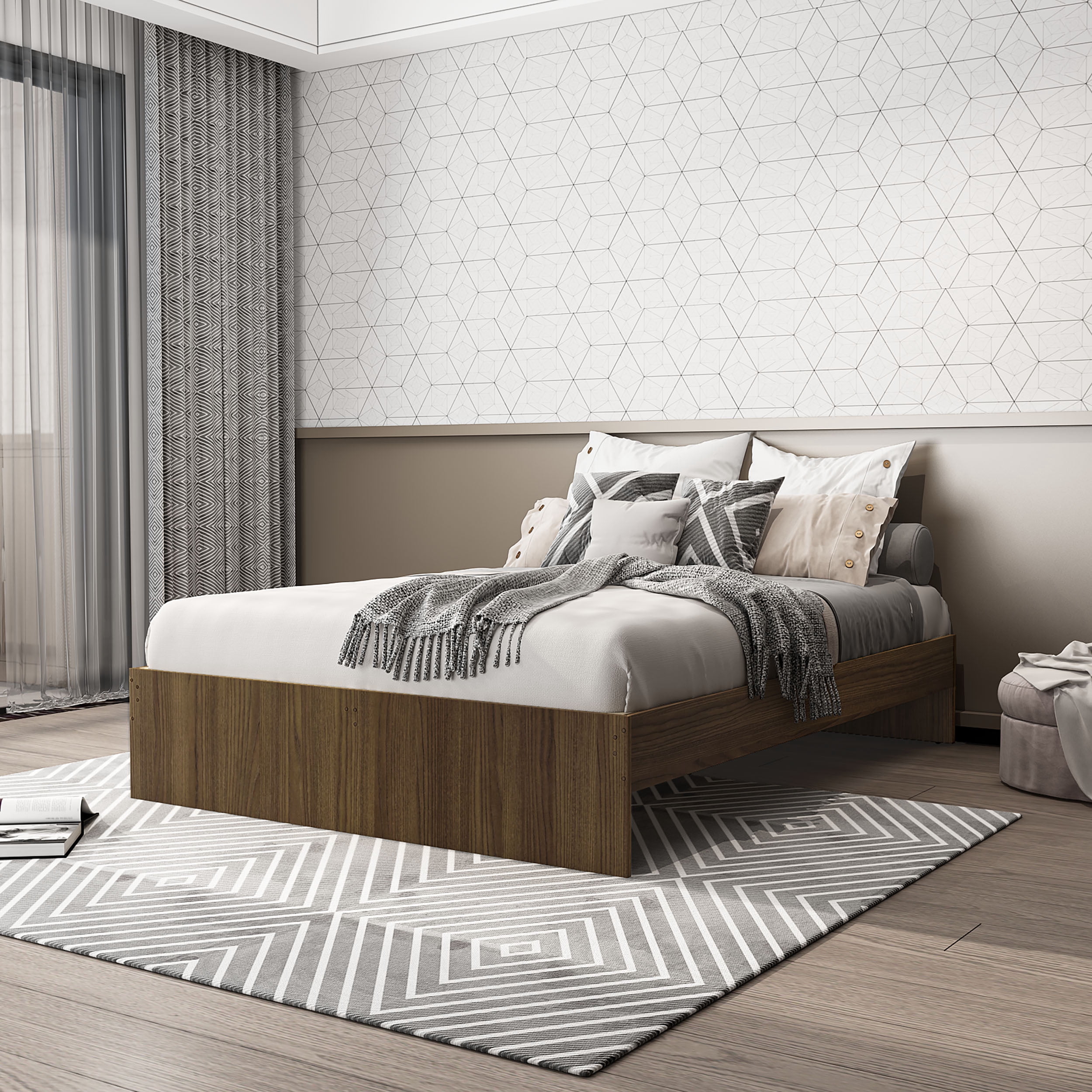 Polifurniture Full Size Wood Platform Bed Frame, Walnut