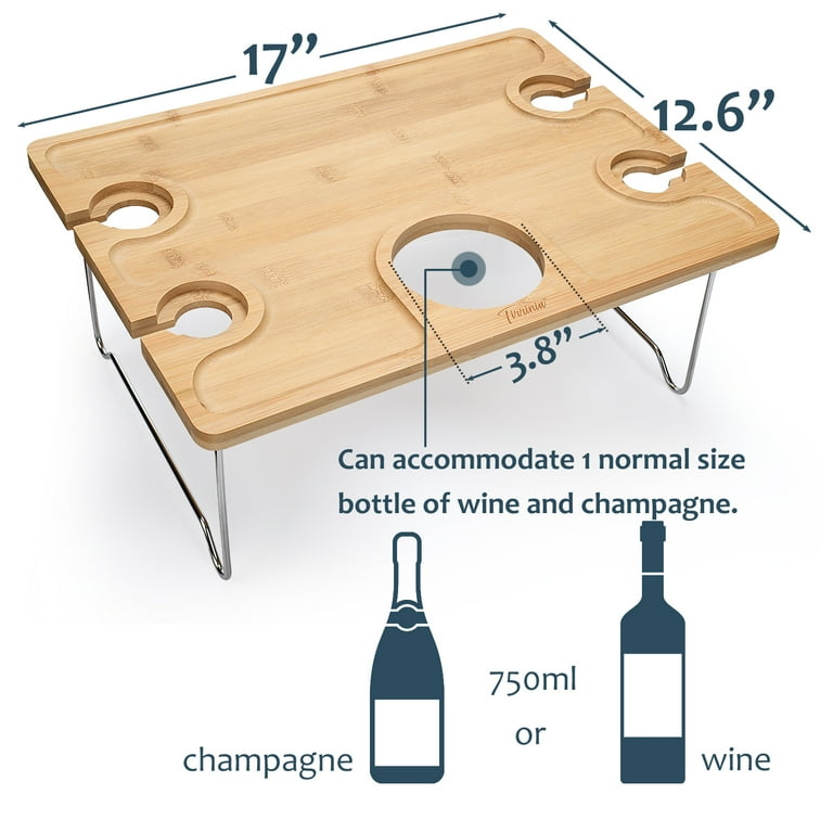 Tirrinia Bamboo Wine Picnic Table, Ideal Wine Lover Gift, Large Folding  Portable Outdoor Snack & Cheese Tray with 4 Wine Glasses Holder for  Concerts at Park or Party, Beach