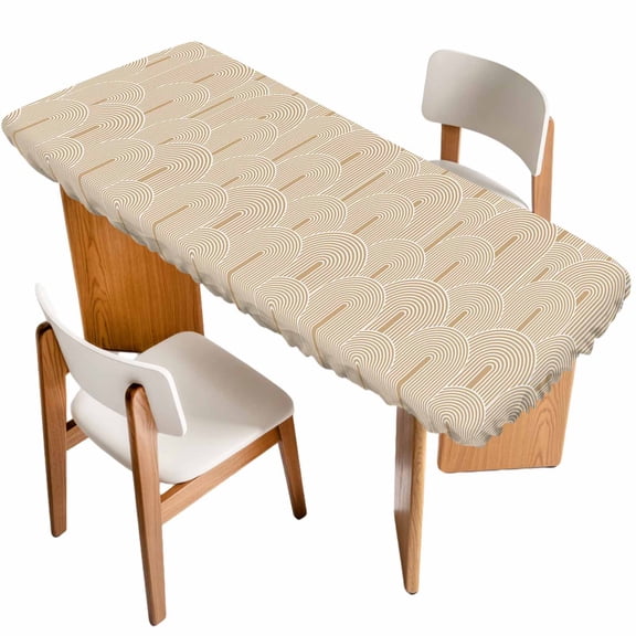 Khaki Boho Table Cloths for 8 Foot Rectangle Tables, Middle Century Modern Abstract Art Patio Waterproof Elastic Fitted Tablecloths, Washable Rectangular Table Cover for Camping