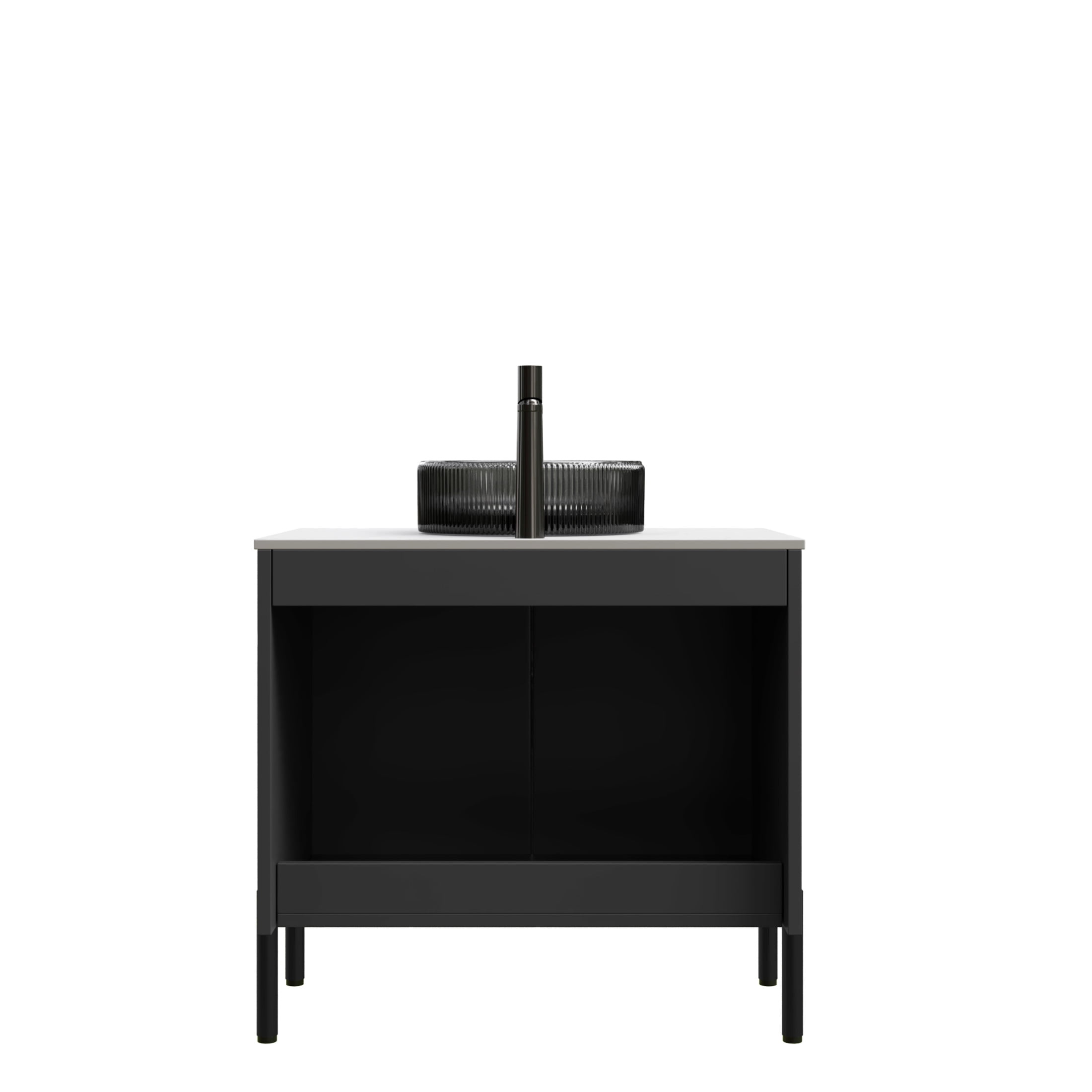 Noble House TURIO 30" Bathroom Vanity with Sintered Stone Countertop, Storage Cabinet, Black Glass Round Basin, Black